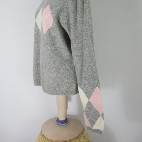 Vtg Lord & Taylor Women XL Gray Pink Argyle 2ply Cashmere LS Pullover Sweater - Picture 8 of 9